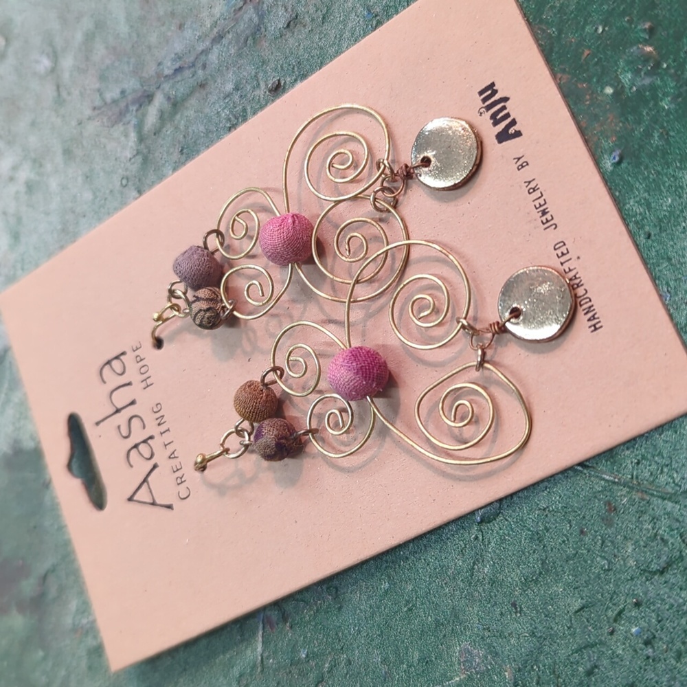 NWT Aasha by Anju Sari Scrap Beaded Gold Look Wire Coiled Bohemian Earrings